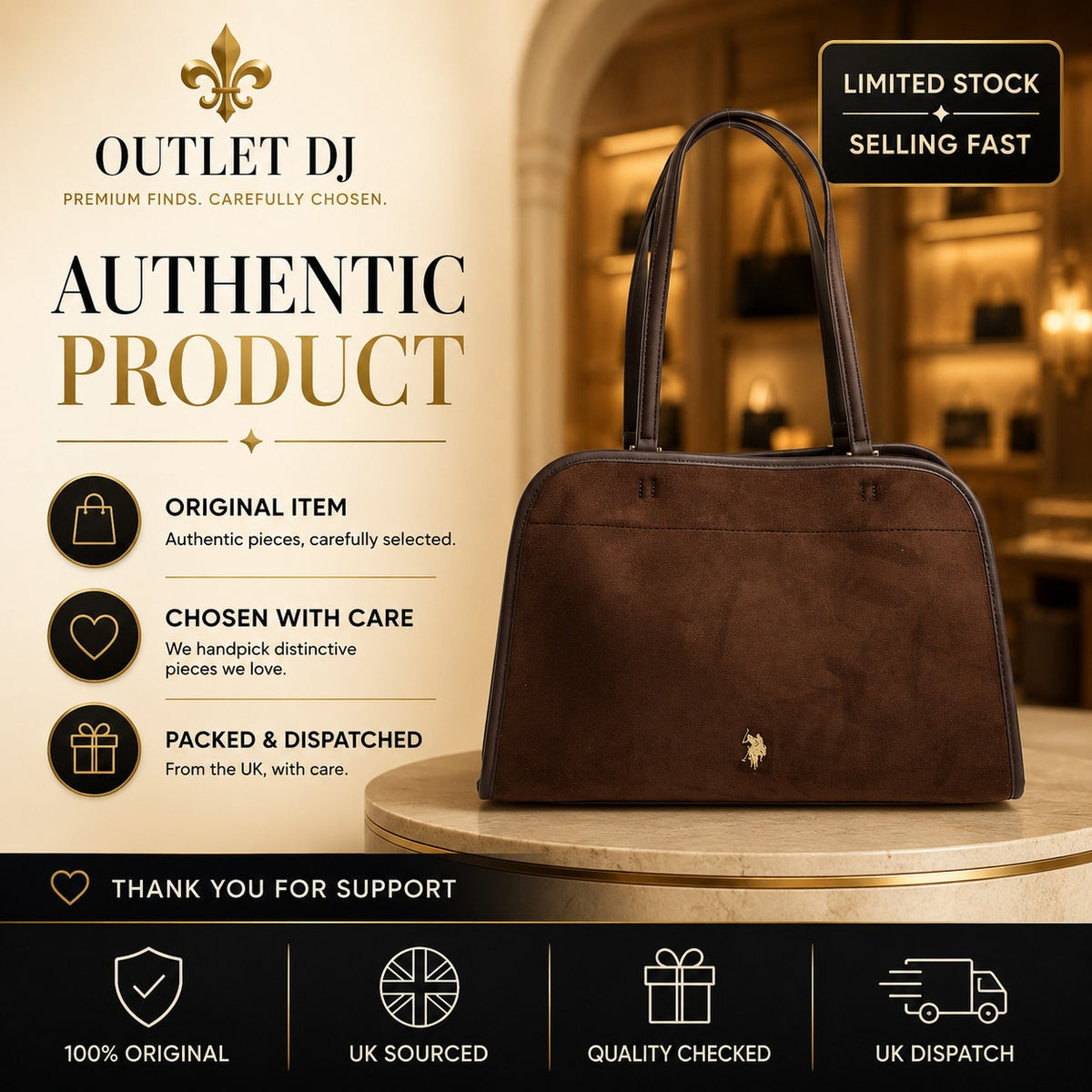 US Polo Assn Brown Tote Bag, Suede Texture, Shoulder Handbag, Everyday