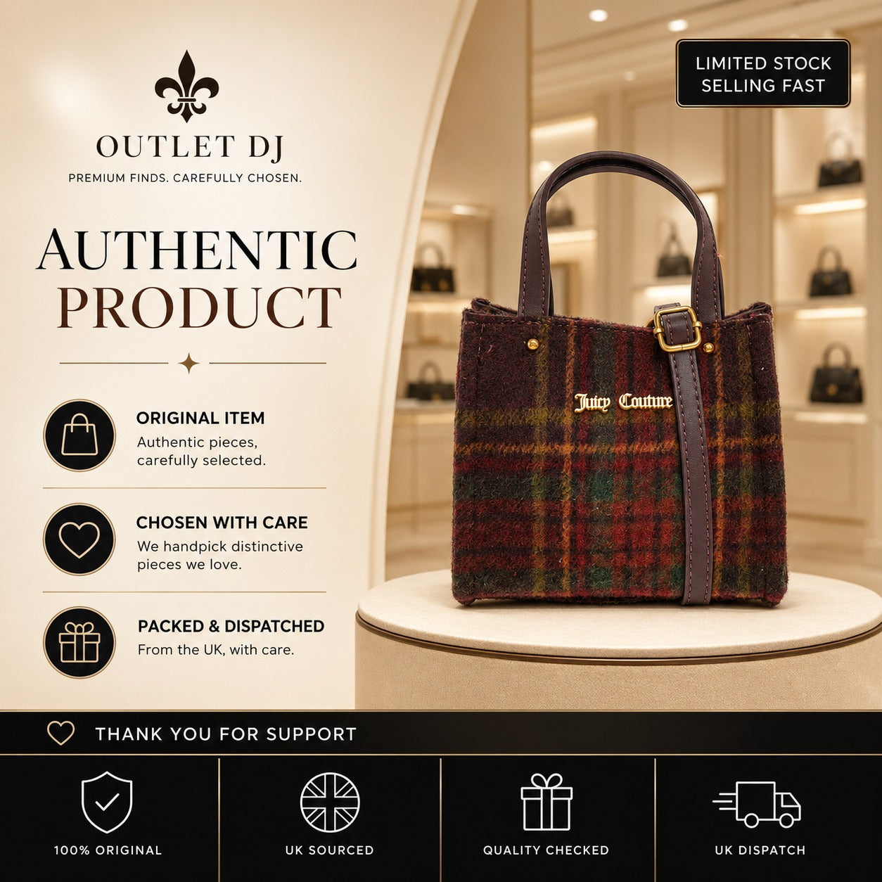 Juicy Couture Tartan Mini Tote Bag, Winetasting Plaid, Gold Hardware