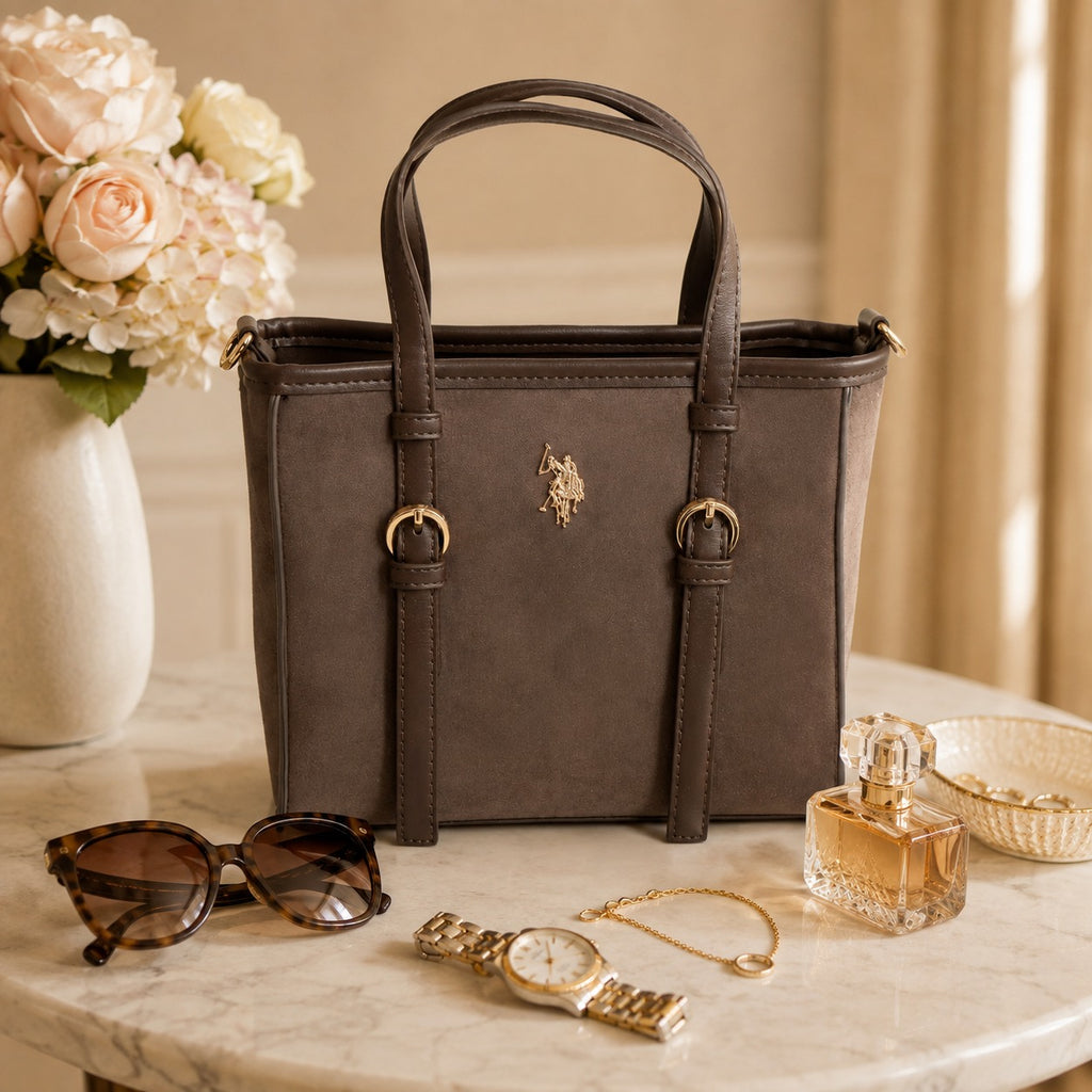 US Polo Assn Brown Tote Bag, Suede Finish, Gold Hardware, Preppy Equestrian