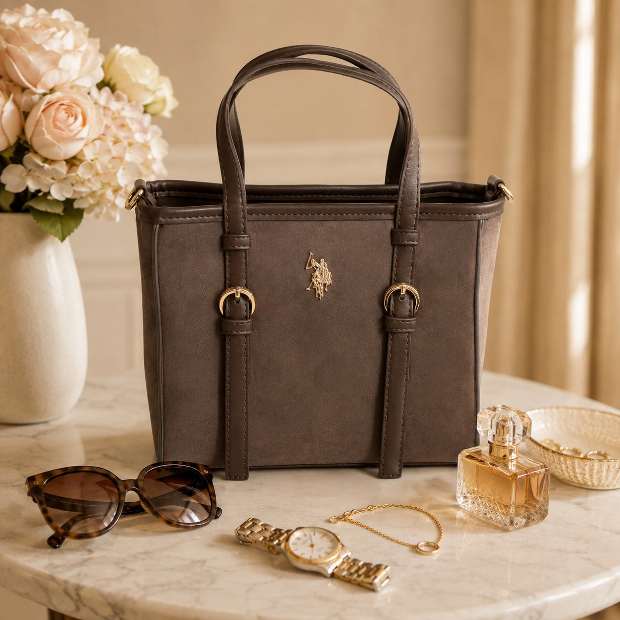 US Polo Assn Brown Tote Bag, Suede Finish, Gold Hardware, Preppy Equestrian