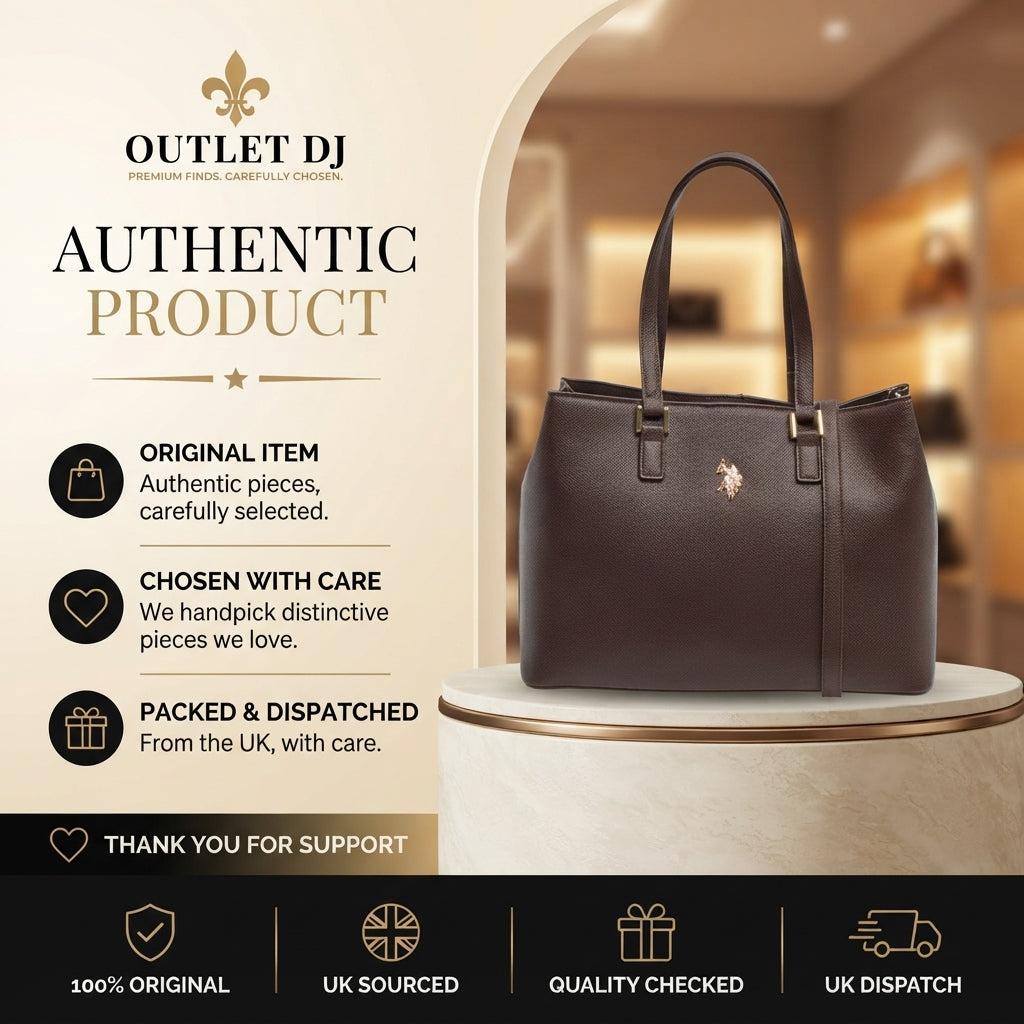 US Polo Assn Dark Brown Jones Tote Bag, Structured Everyday Work Handbag
