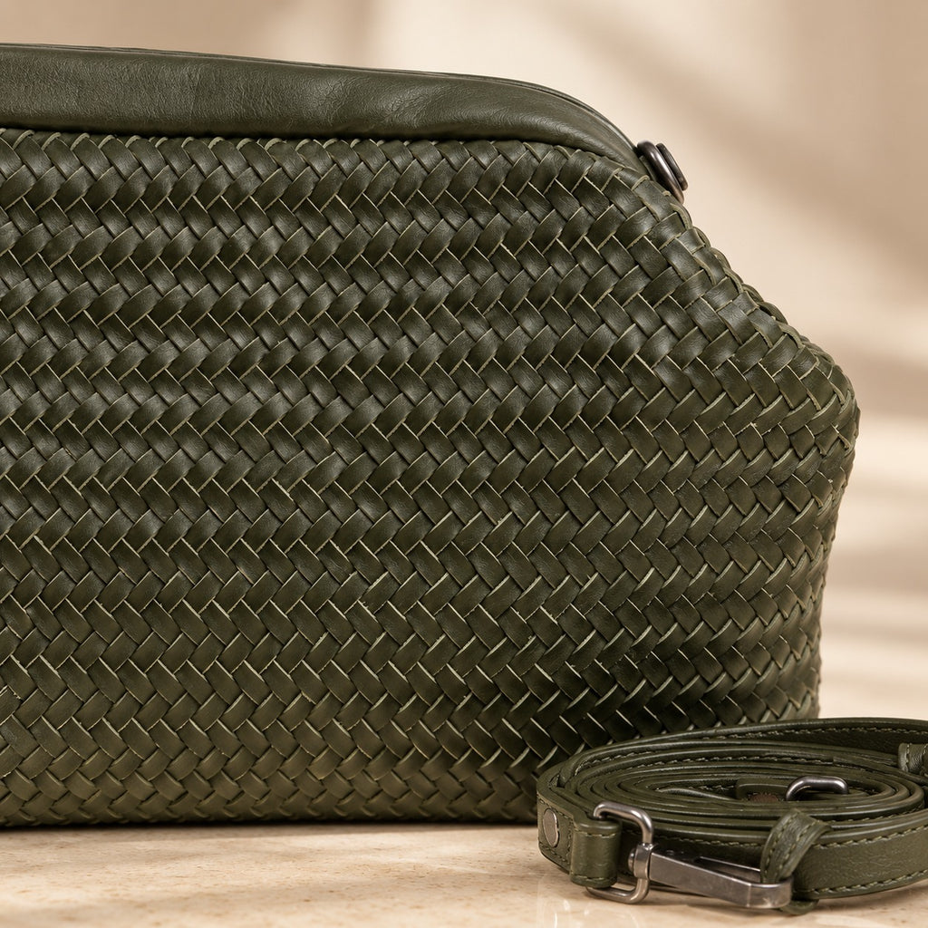 Rehard Dark Olive Green Woven Leather Bucket Bag, Crossbody, Everyday