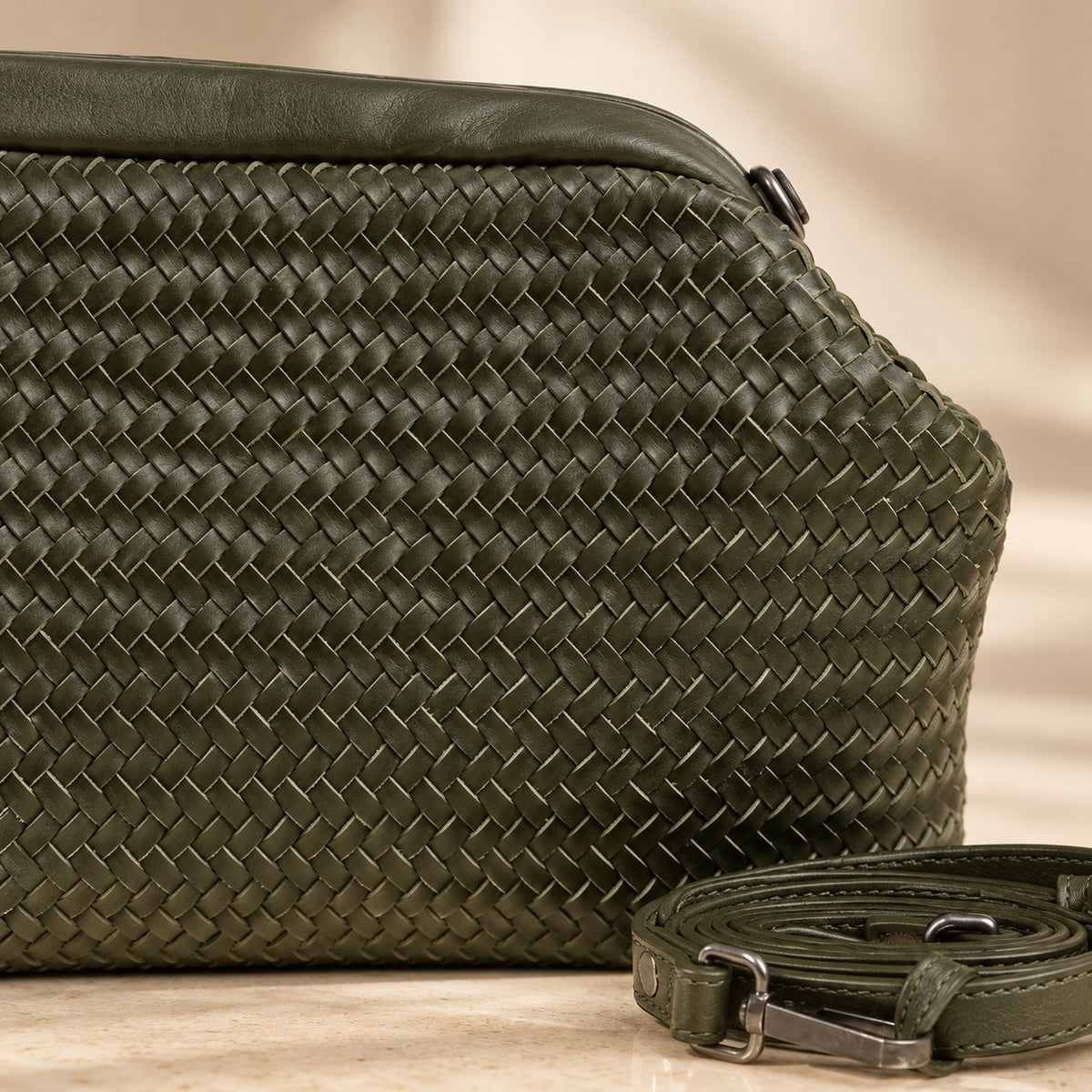 Rehard Dark Olive Green Woven Leather Bucket Bag, Crossbody, Everyday