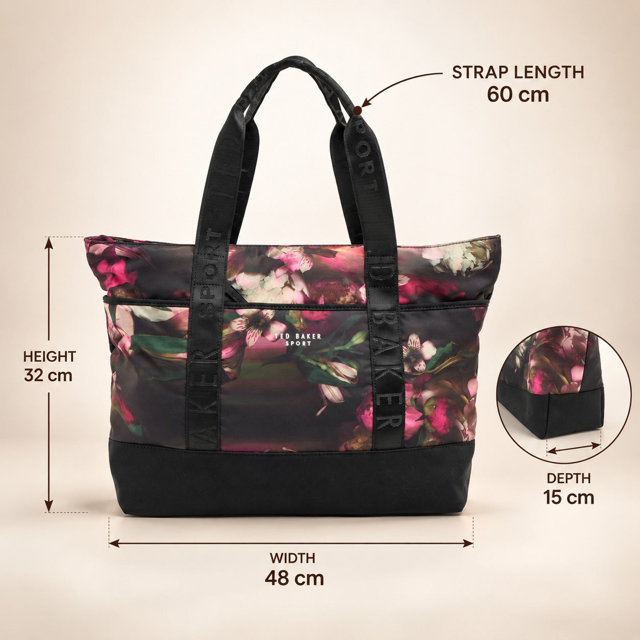 Ted Baker Sport Floral Tote Bag, Black Pink Flower Print, Large Shoulder Bag
