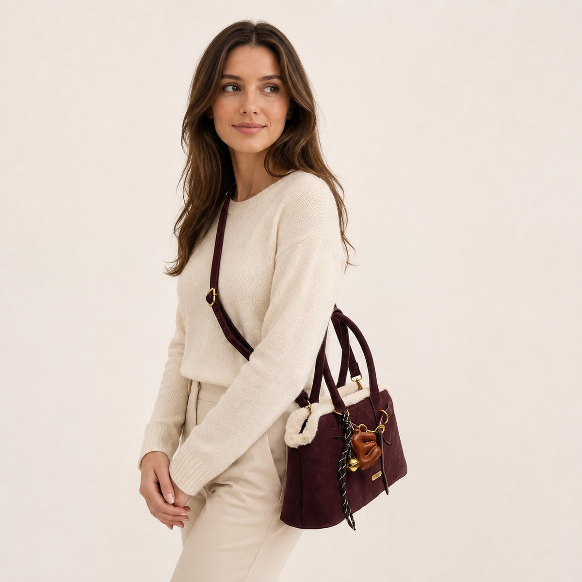 Bessie London Burgundy Shoulder Bag, Faux Suede Grab Bag, Shearling Trim