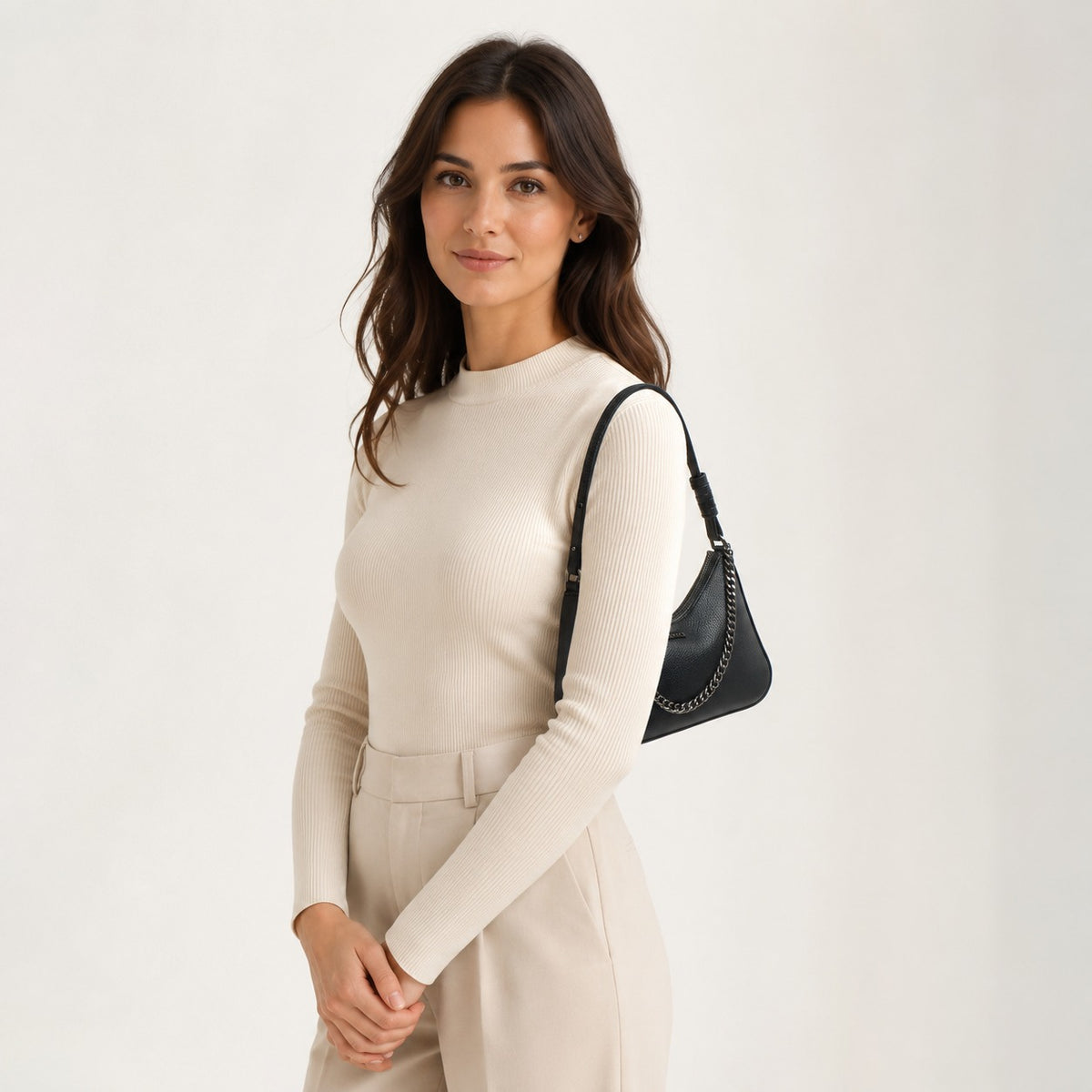 DKNY Black Crescent Shoulder Bag, Pebbled Faux Leather, Gunmetal Chain