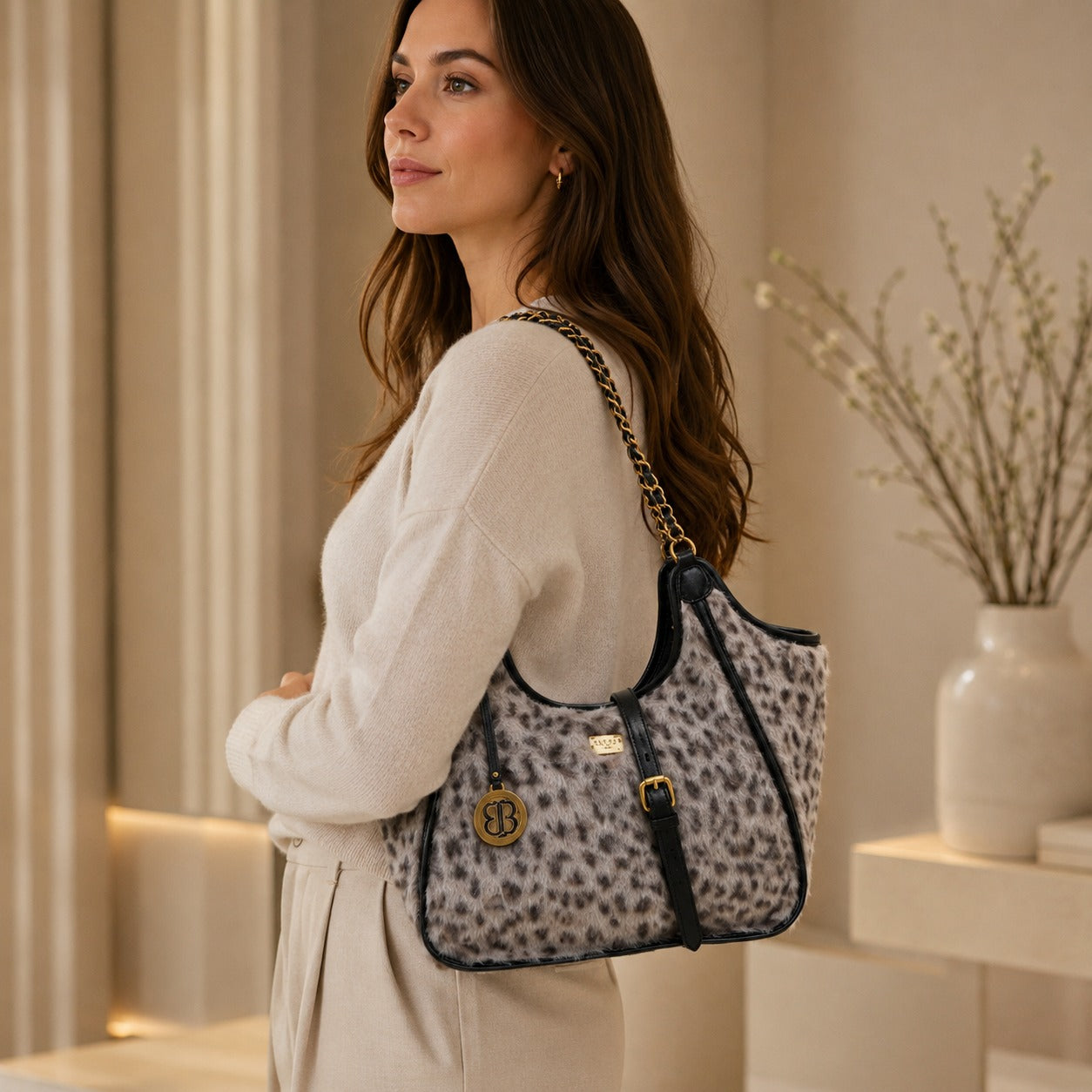 Bessie London Grey Shoulder Bag, Dalmatian Spot Faux Fur, Gold Hardware