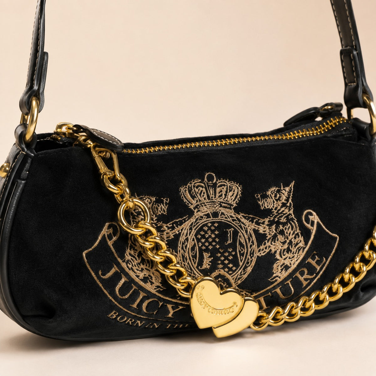 Juicy Couture Black Hobo Bag, Velvet Crossbody, Gold Heart Charm, Aesthetic