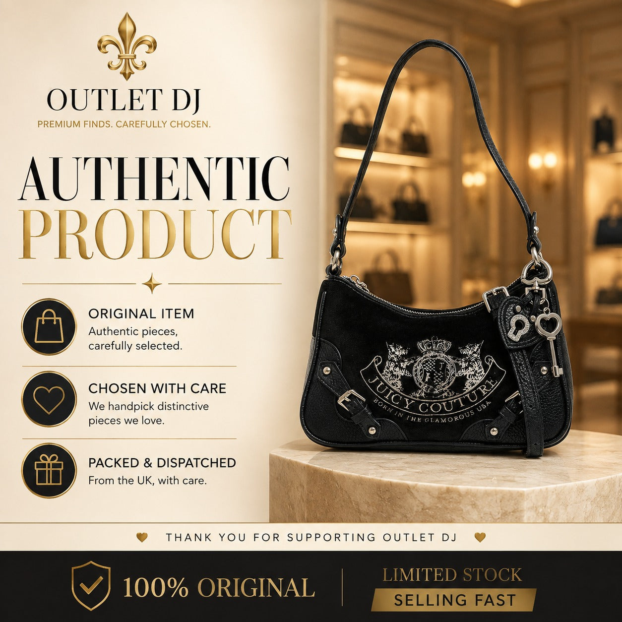 Juicy Couture Black Shoulder Bag, Crest Emblem, Silver Hardware, Aesthetic