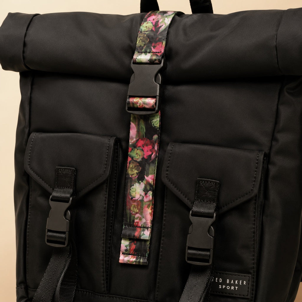 Ted Baker Sport Black Letica Backpack, Roll Top Floral Lining Bag