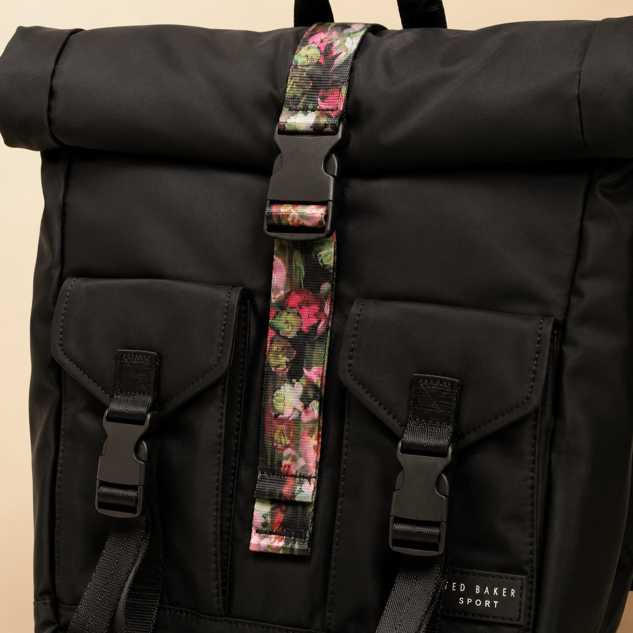 Ted Baker Sport Black Letica Backpack, Roll Top Floral Lining Bag
