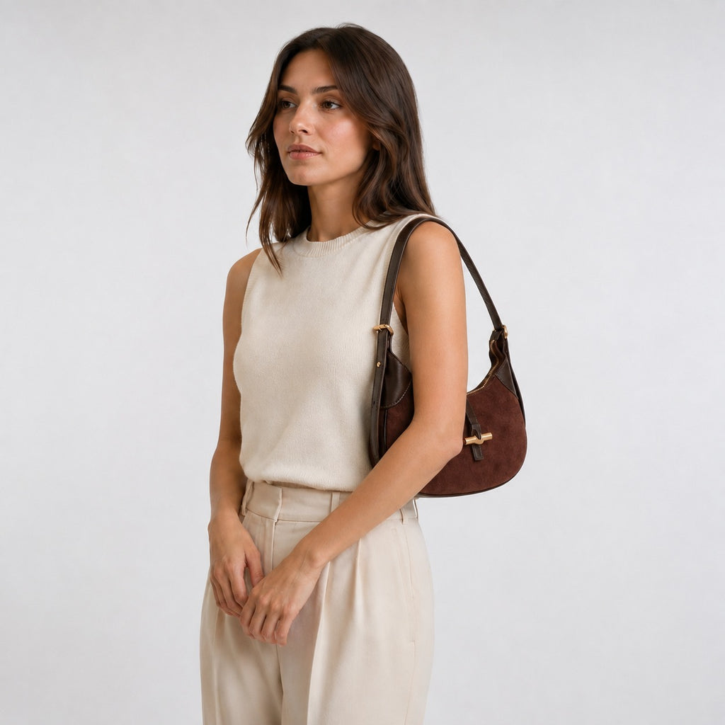 Silver Street London Brown Hobo Bag, Suede Shoulder Bag, Gold Hardware
