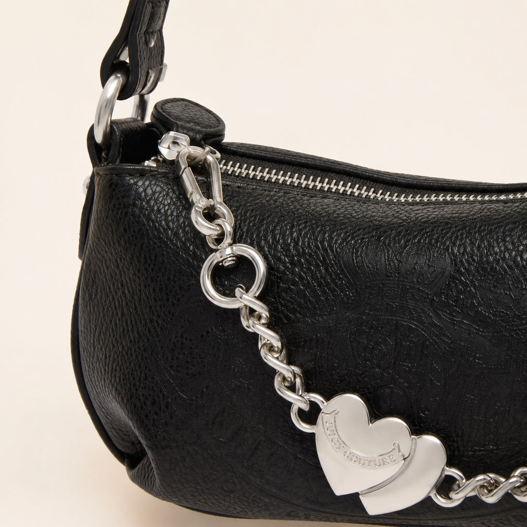 Juicy Couture Black Baguette Bag, Silver Heart Charm, Shoulder Handbag