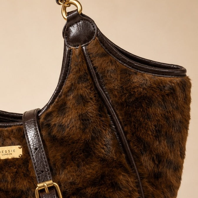 Bessie London Brown Leopard Hobo Bag, Faux Fur Tote, Gold Chain, Everyday Purse
