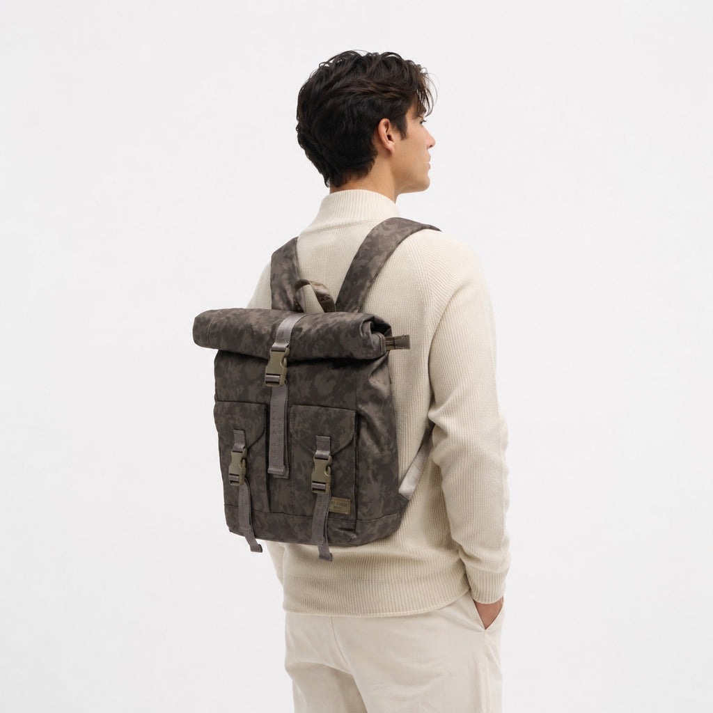 Ted Baker Sport Walnut Shadow Backpack, Roll-Top Laptop Bag, Everyday Rucksack